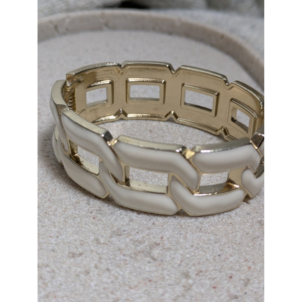 Ivory Enamel Bracelet Gold Tone Hinged Cuff Bangle Geometric Modernist Abstract